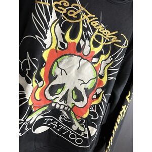 Ed Hardy Hoodie Tattoo Flaming Skull Lightweight Black Classic Fit M‎ Medium NWT